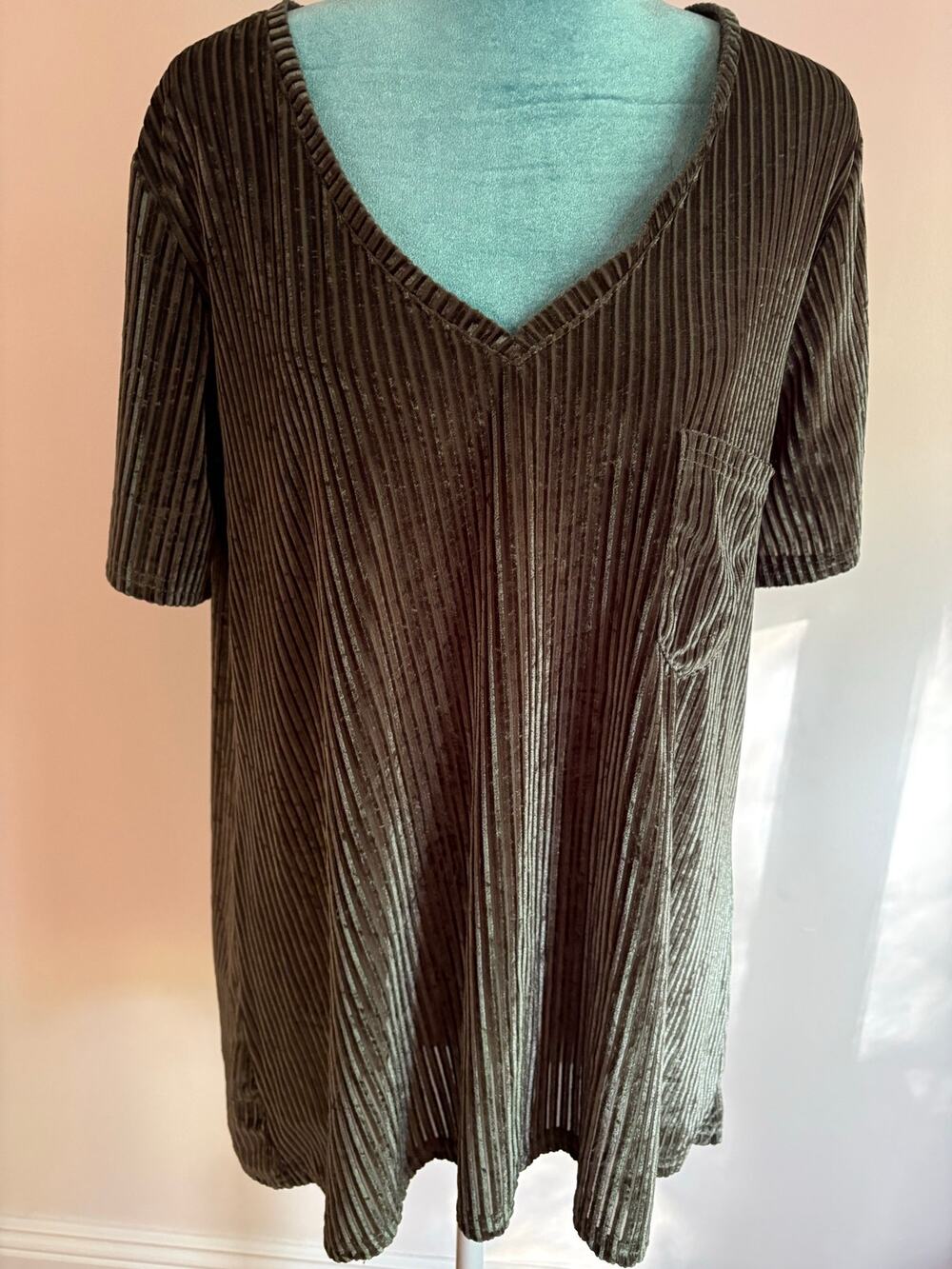 Pol Medium Ribbed Velvet Pleated V-Neck Top Olive Green Whimsigoth Grunge Te